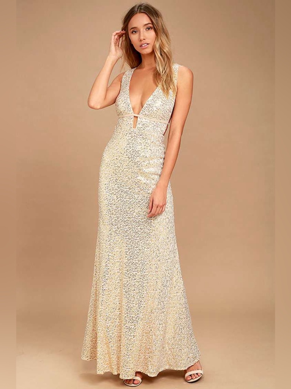 Lulu’s  Wish Granted Beige Sequin Maxi Dress • Large • NWT